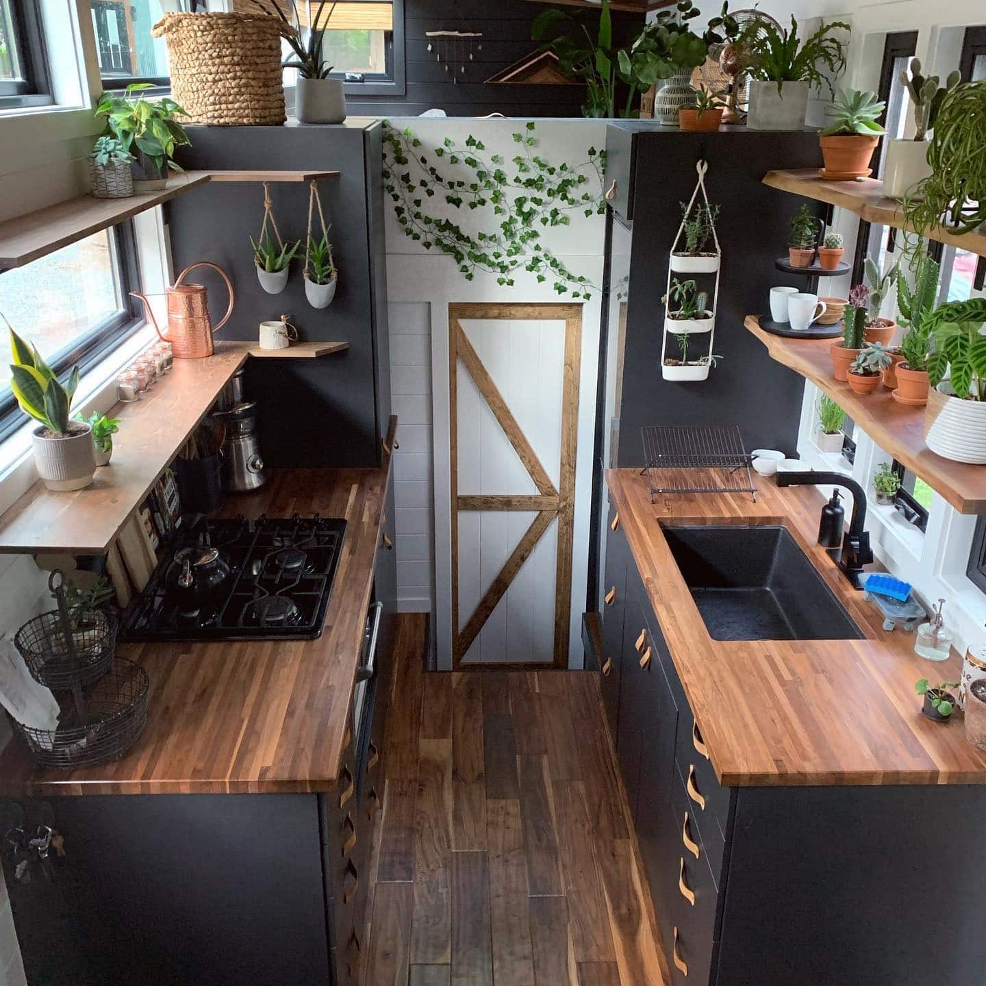 5. Botanical Black-and-Walnut Galley Kitchen - tiny house kitchen ideas