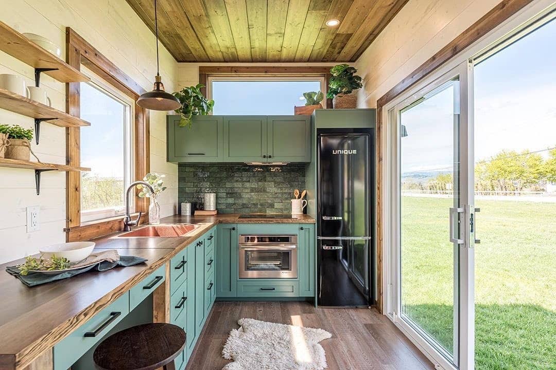 17. Green and Wood Kitchen With Deep Green Tile Backsplash - tiny house kitchen ideas