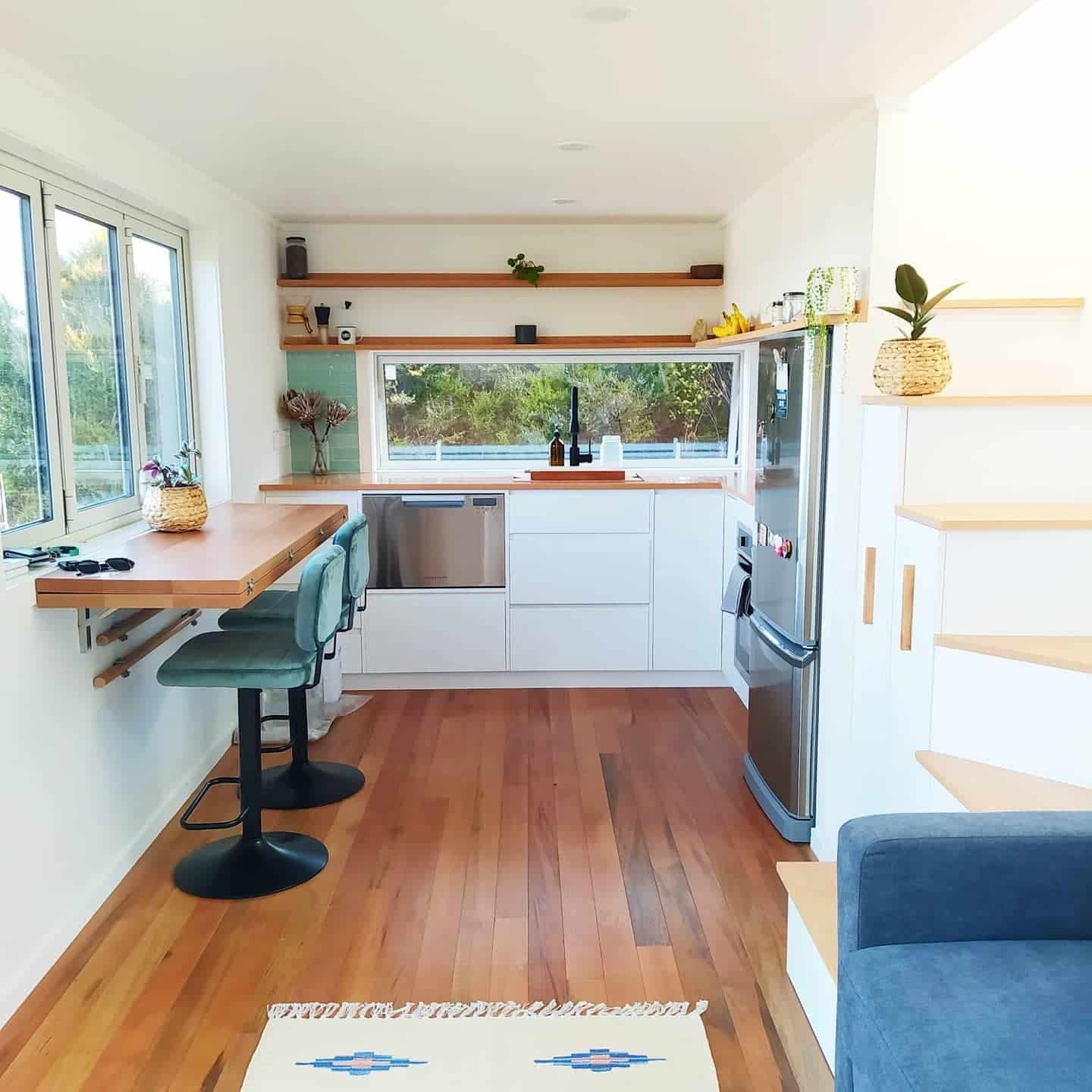 18. Fresh White and Timber Kitchen With Floating Shelves - tiny house kitchen ideas