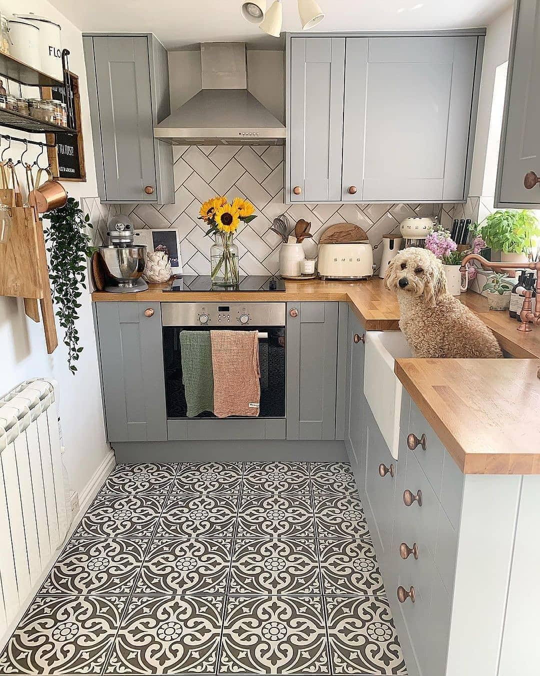 21. Soft Gray Shaker Kitchen With Patterned Tile Flooring - tiny house kitchen ideas