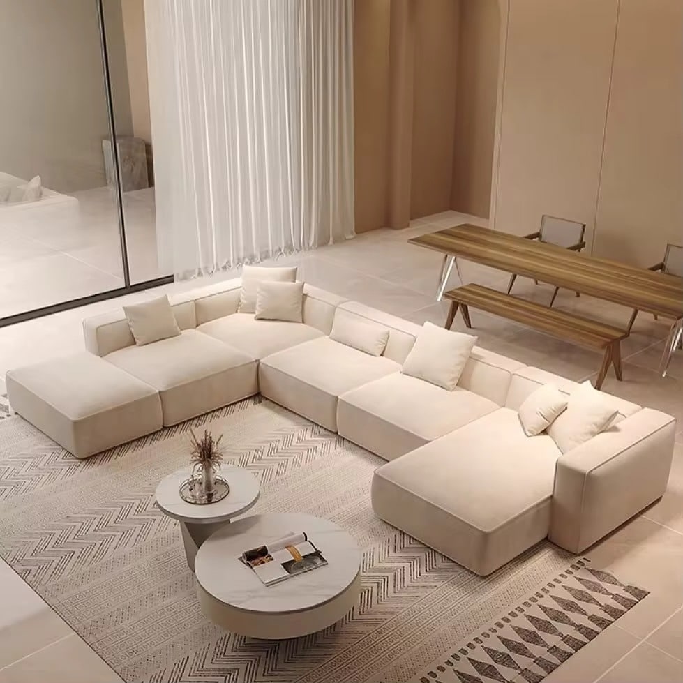 3. Low-Profile Minimalist Modular Layout - living room sofa ideas