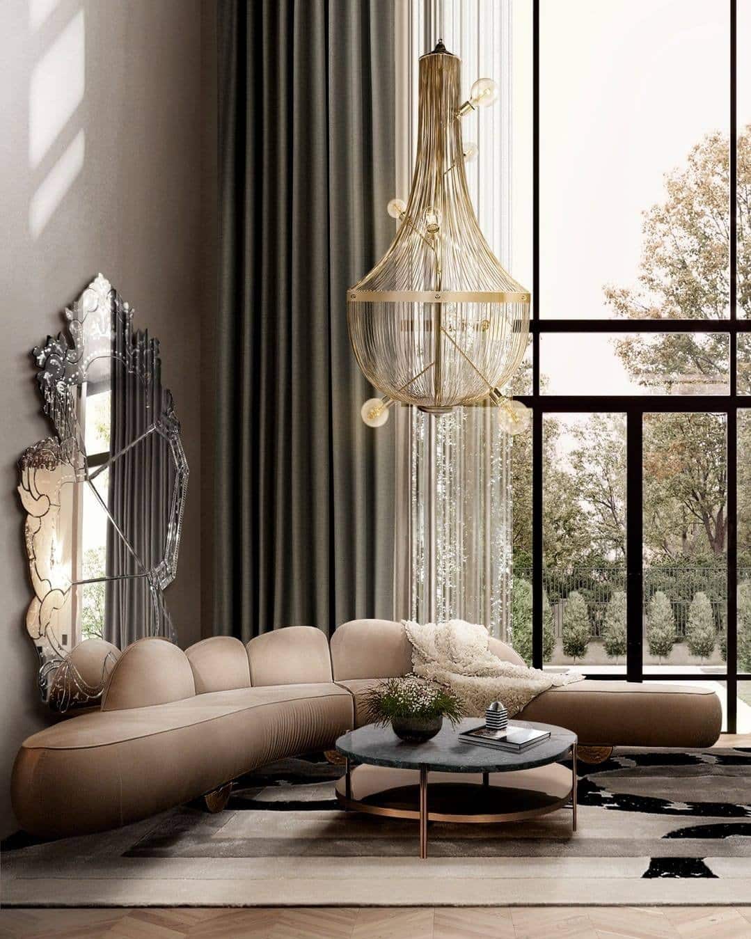 4. Sculptural Curves With Metallic Drama - living room sofa ideas