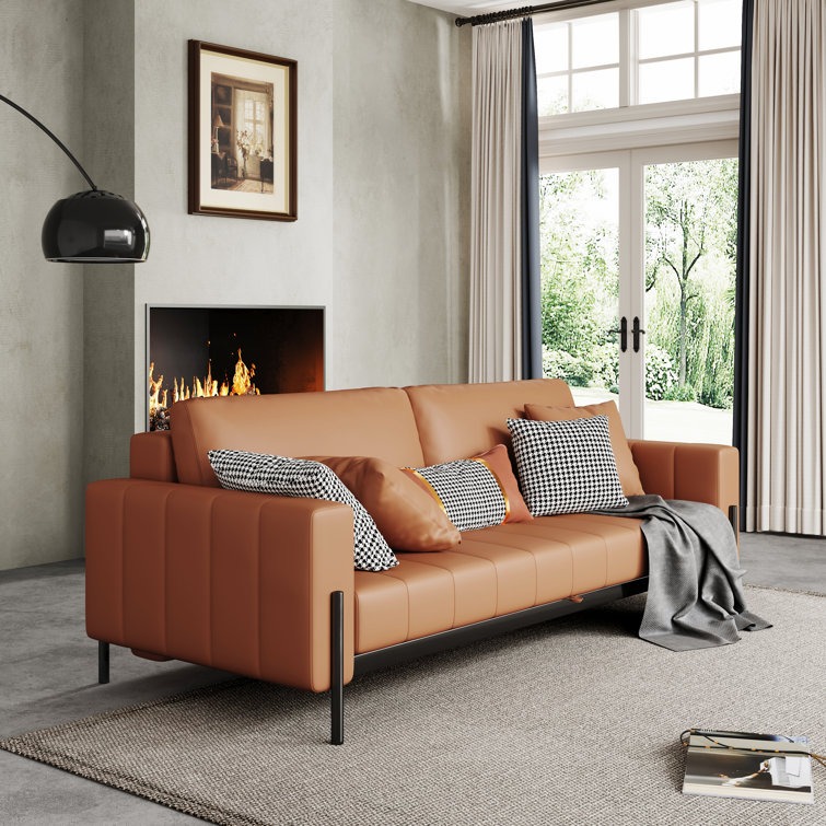 12. Cognac Leather With Modern Structure - living room sofa ideas