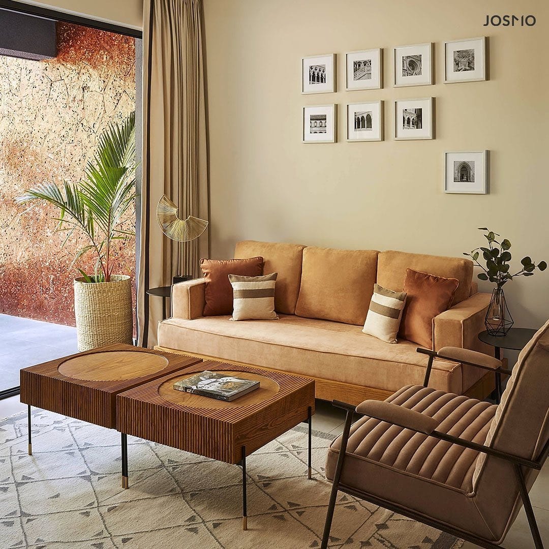 15. Warm Suede Tones With Textured Wood Accents - living room sofa ideas