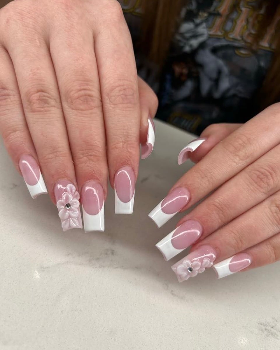 10. 3D Floral French with Sculpted Accents - white french nail ideas