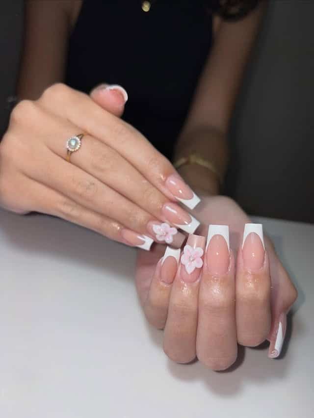 12. Square French with Pink Blossom Accents - white french nail ideas