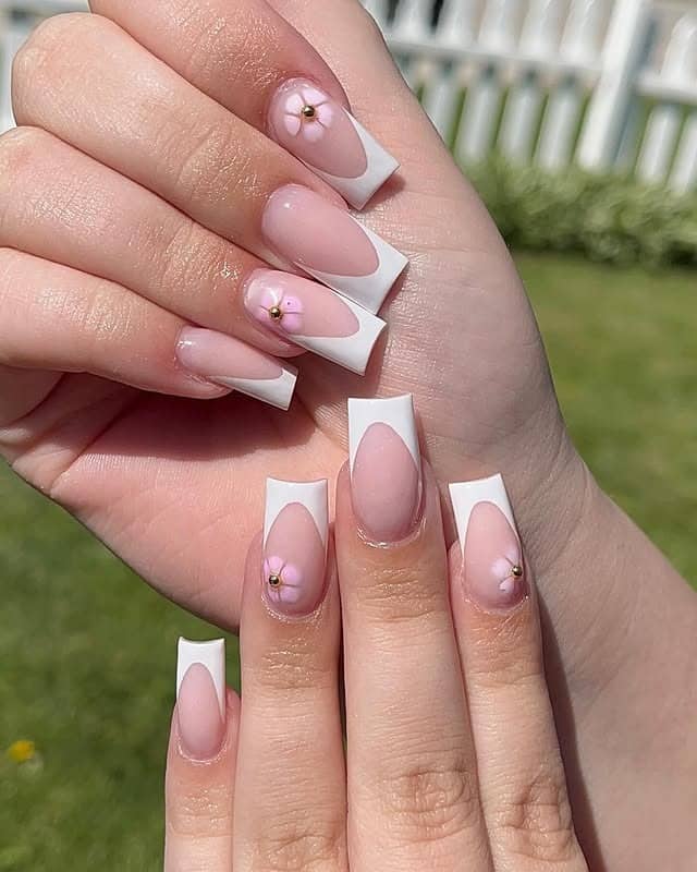 14. White Square French with Mini Pink Flowers - white french nail ideas