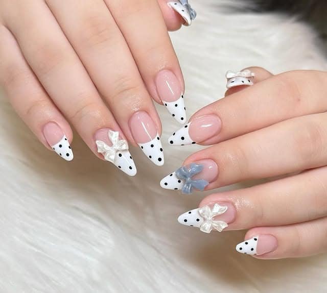 20. Polka Dot French with 3D Ribbon Charms - white french nail ideas
