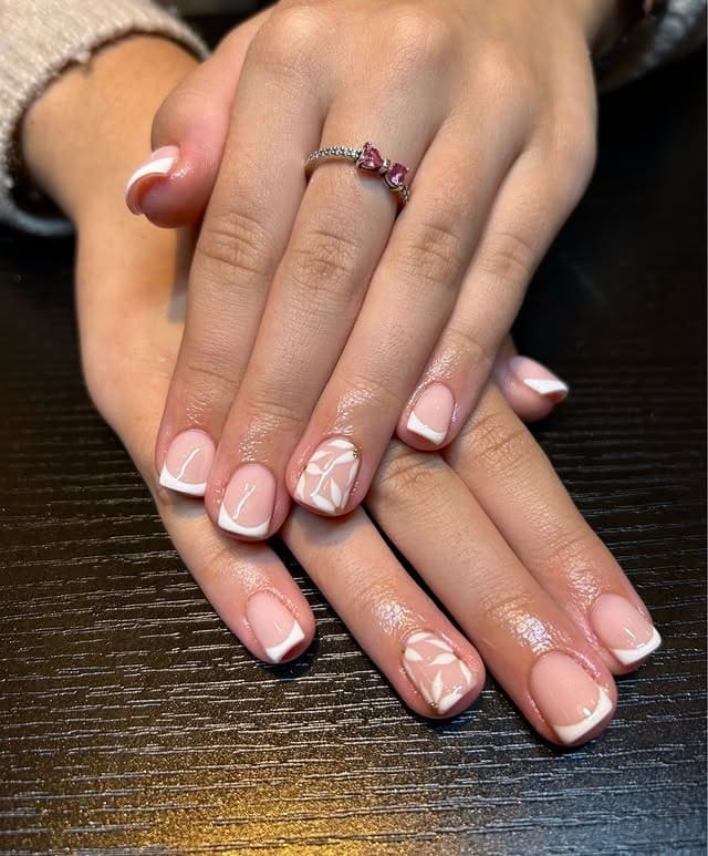 22. Short French with Geometric White Line Art - white french nail ideas