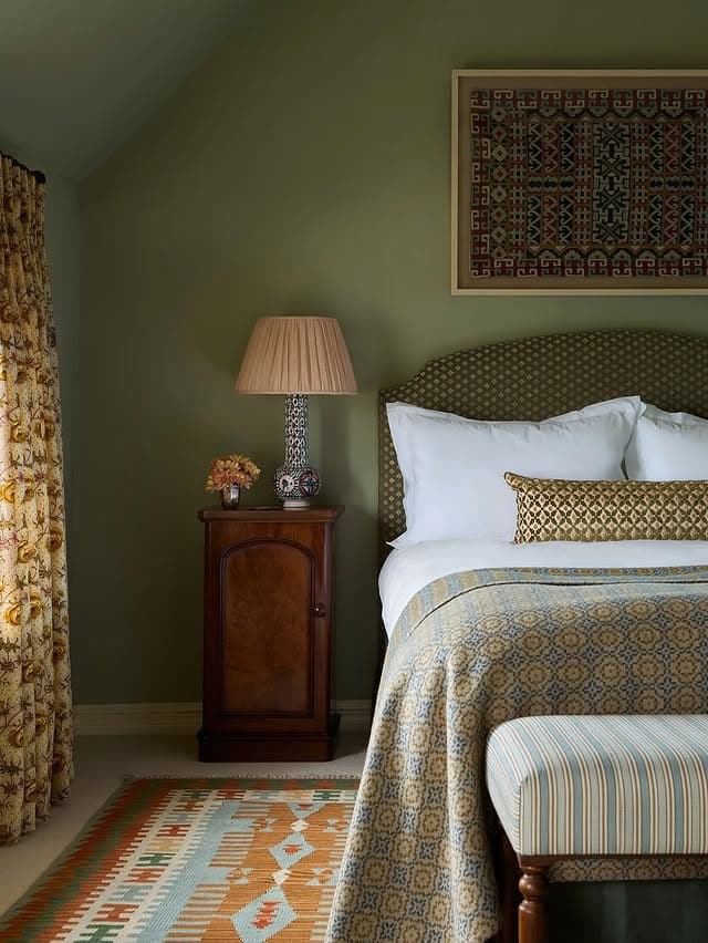 1. Olive Comfort With Patterned Accents - greenery bedroom ideas