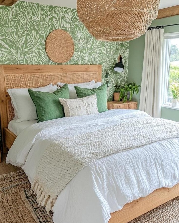 3. Fresh Botanical Retreat With Natural Textures - greenery bedroom ideas