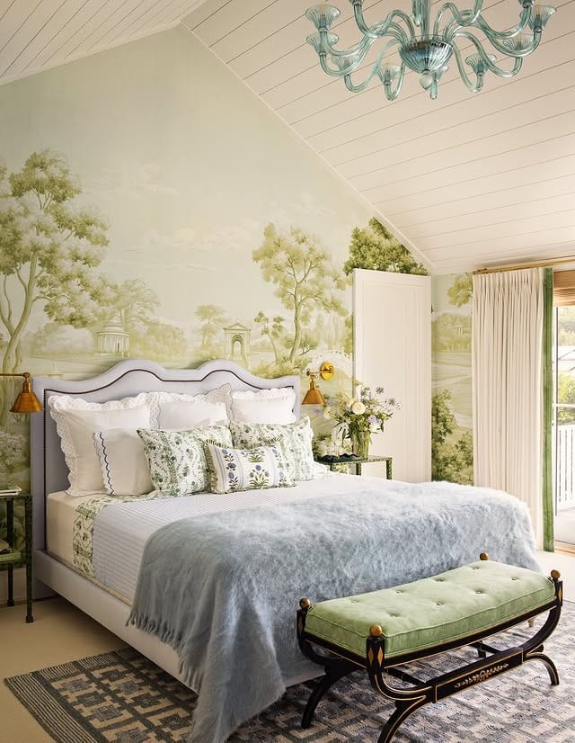 4. Pastoral Mural With Soft Green Layers - greenery bedroom ideas
