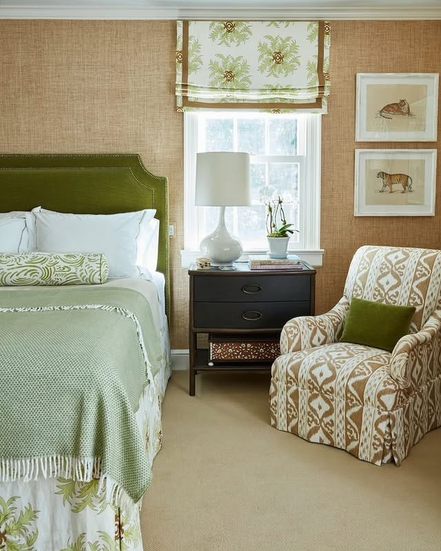 5. Earthy Green Suite With Refined Prints - greenery bedroom ideas