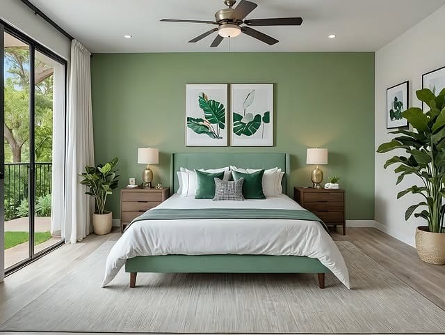 11. Crisp Green Feature Wall With Botanical Art - greenery bedroom ideas