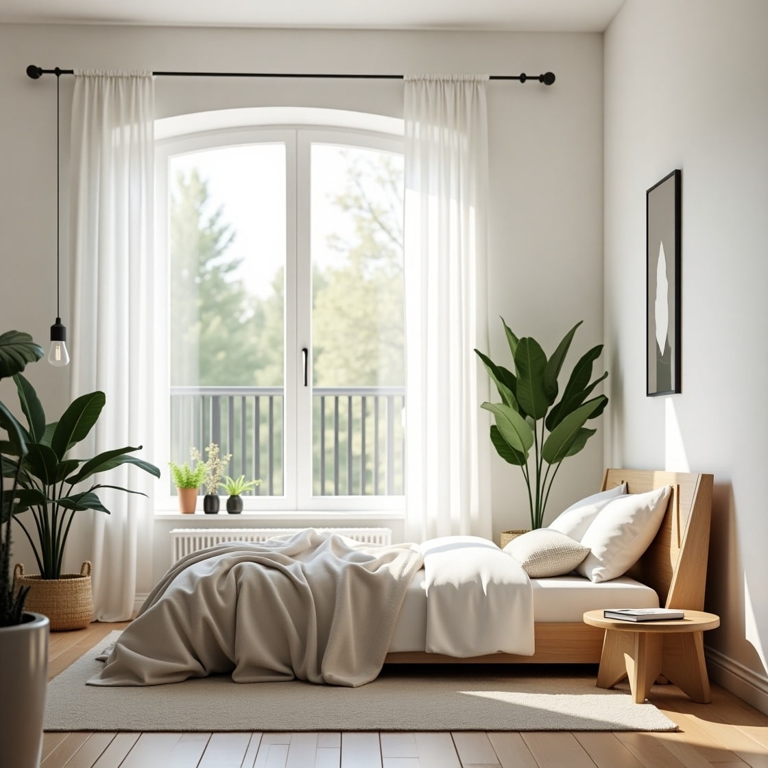 12. Light-Filled Minimalist Retreat With Natural Greens - greenery bedroom ideas