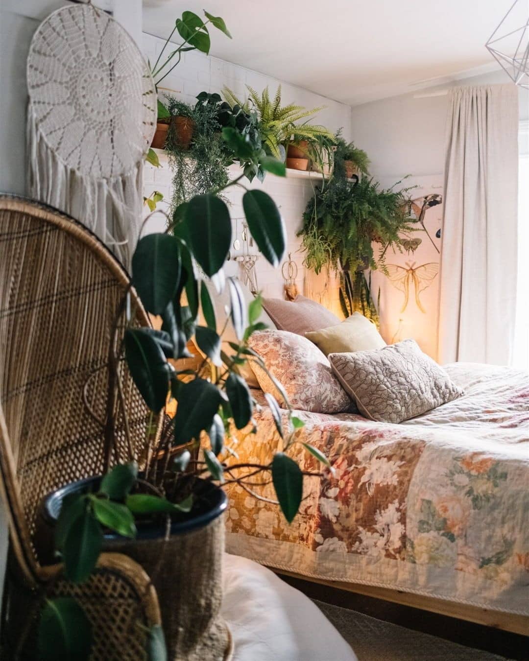 15. Boho Green Sanctuary With Layered Plants - greenery bedroom ideas