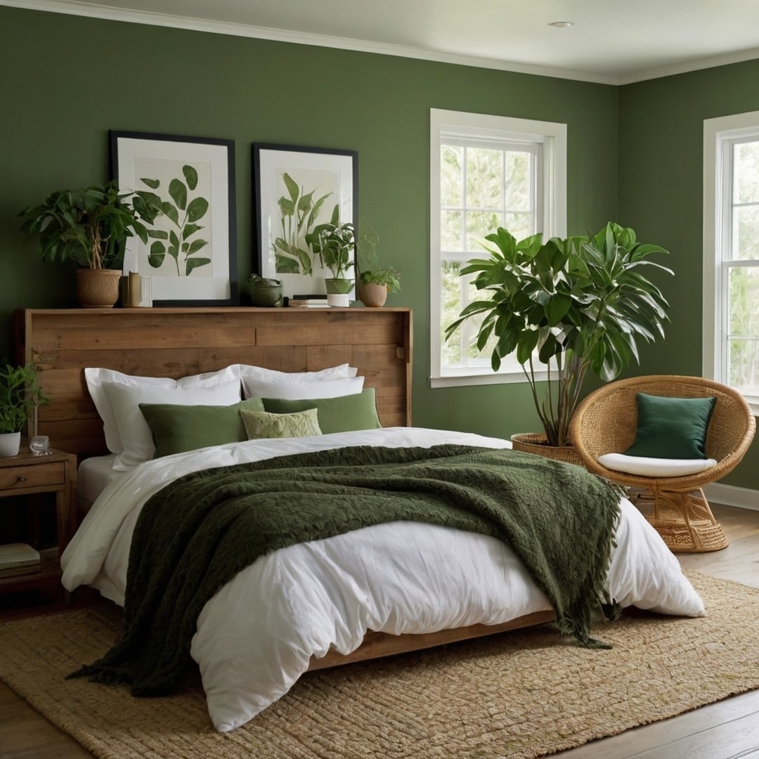16. Deep Forest Walls With Rustic Wood Accents - greenery bedroom ideas