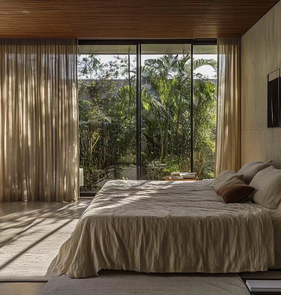 17. Neutral Oasis With Garden Views - greenery bedroom ideas