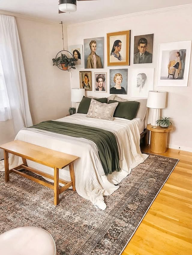 18. Vintage Portrait Gallery With Soft Greens - greenery bedroom ideas