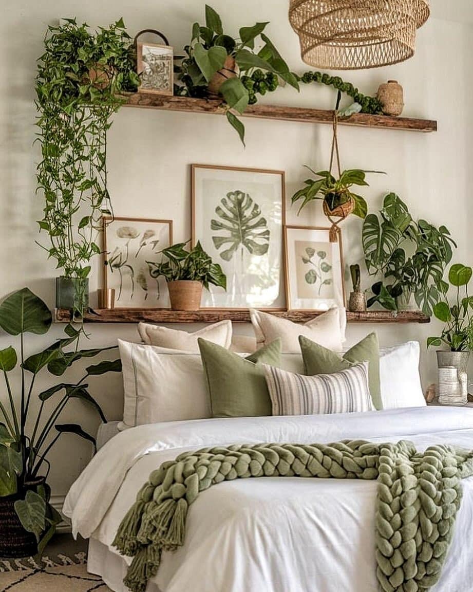 21. Layered Botanical Wall With Soft Green Textiles - greenery bedroom ideas