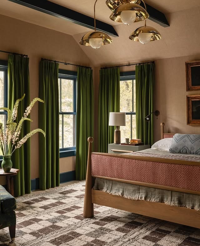 22. Vintage-Inspired Green Curtain Bedroom With Warm Wood - greenery bedroom ideas