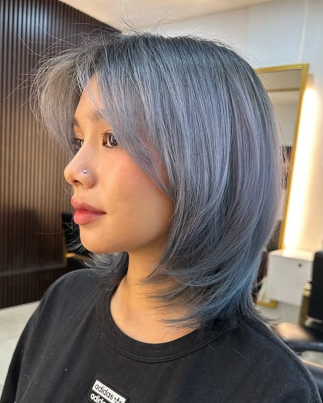 17. Icy Steel Blue Layered Bob - Medium-Length Layered Haircuts