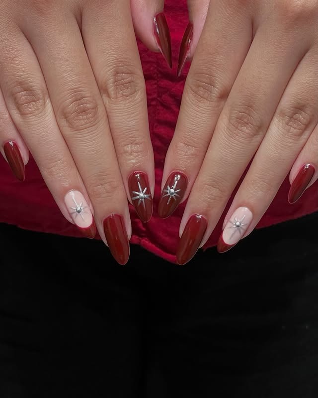 13. Wine Almond Set With Silver Star Accents - wine color nail ideas