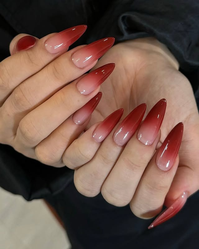 17. Wine Ombre Almond Fade - wine color nail ideas