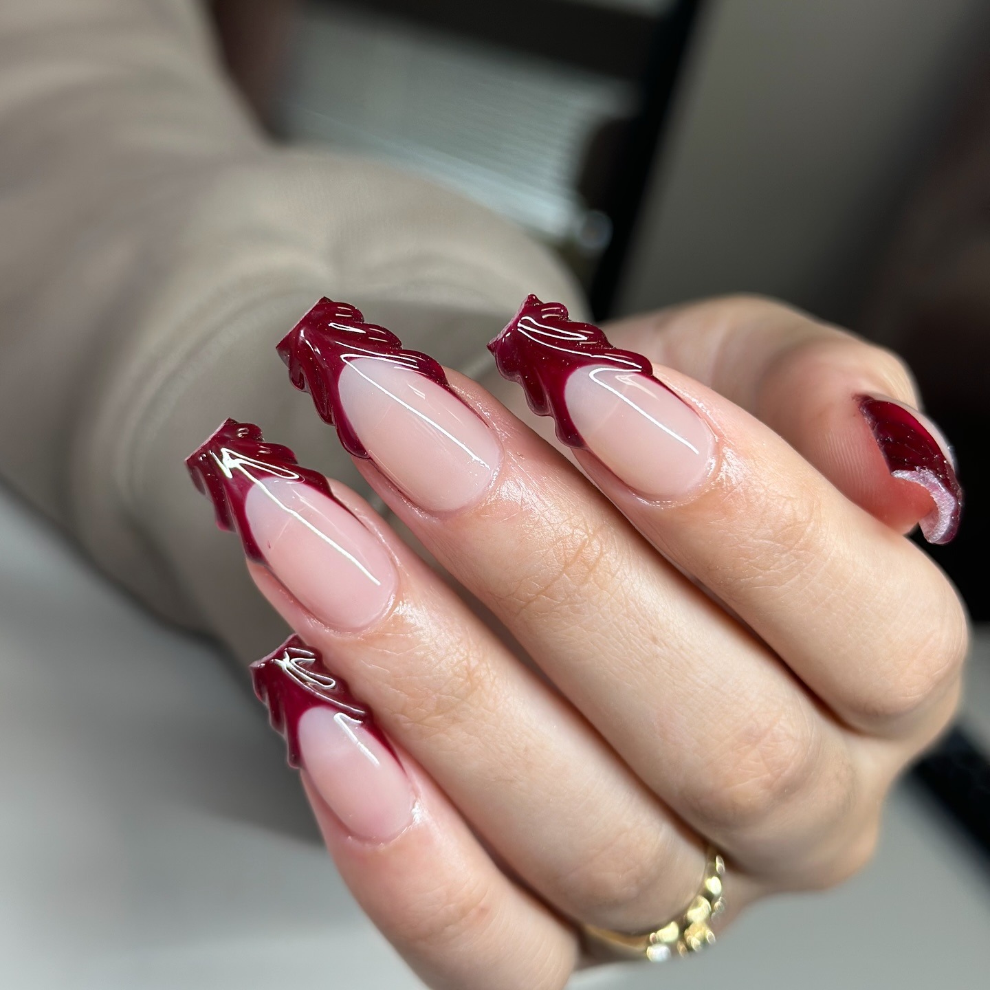 18. Wine Drip French With Nude Base - wine color nail ideas
