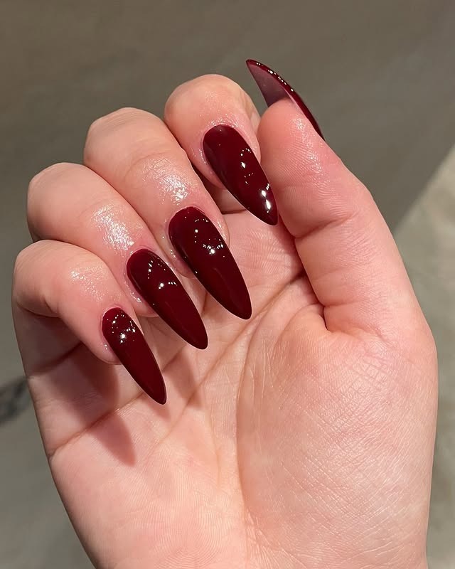 19. Dark Wine High-Gloss Stiletto - wine color nail ideas