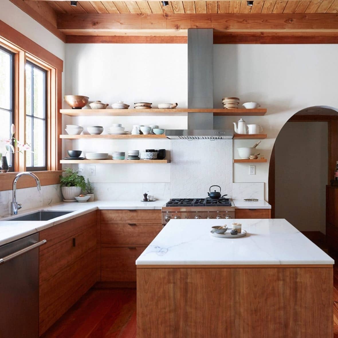 4. Wood-and-Marble Kitchen With Open Shelving - wooden kitchen ideas