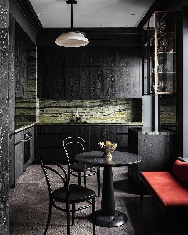 7. Moody Charcoal Wood Kitchen With Green Stone Detailing - wooden kitchen ideas