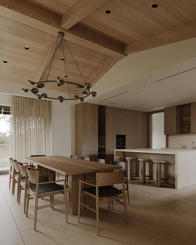 8. Light Oak Kitchen With Elongated Dining Layout - wooden kitchen ideas