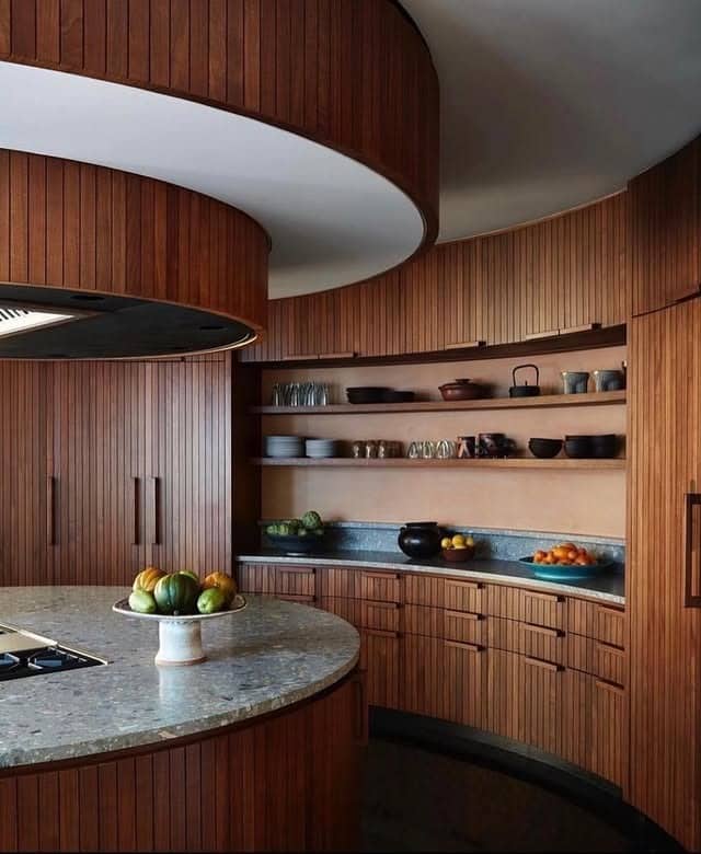 9. Curved Wood Kitchen With Architectural Presence - wooden kitchen ideas