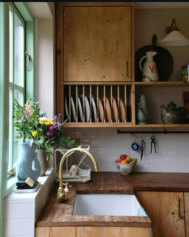 14. Cottage-Style Wood Kitchen With Pastel Window Trim - wooden kitchen ideas