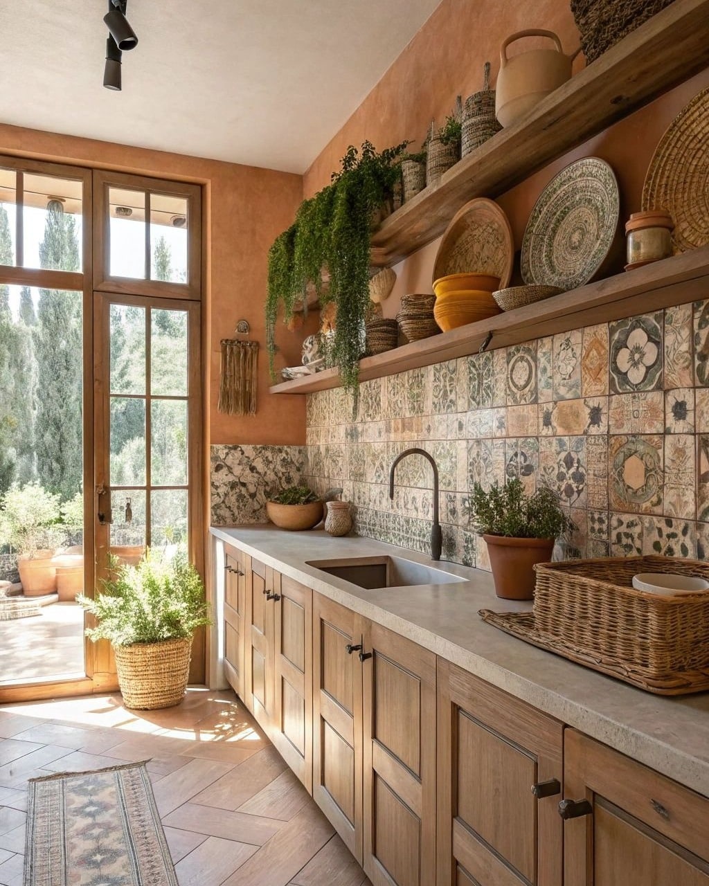 18. Mediterranean-Style Wood Kitchen With Patterned Tile Backsplash - wooden kitchen ideas