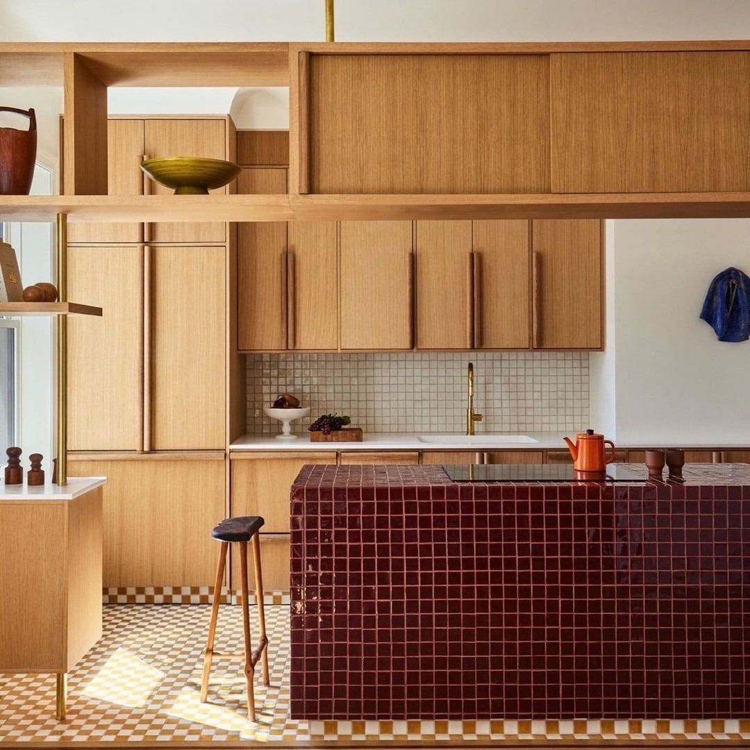 19. Mid-Century Wood Kitchen With Burgundy Tile Island - wooden kitchen ideas