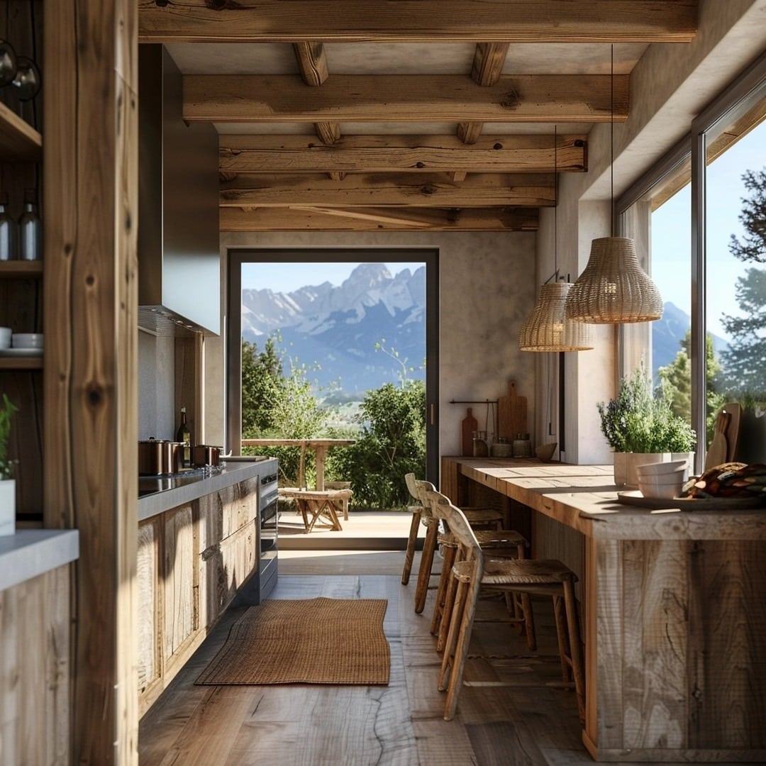 21. Rustic Mountain-View Kitchen With Natural Timber and Warm Textures - wooden kitchen ideas