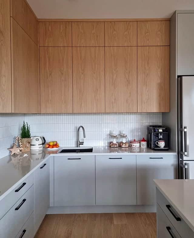 22. Modern Light-Oak Kitchen With Soft Grey Cabinetry - wooden kitchen ideas