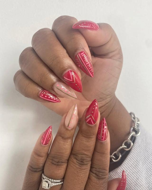 14. Red Tribal Stiletto Pattern Set - african nail ideas