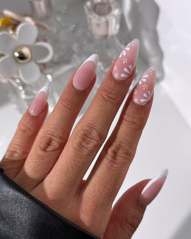 3. White Daisy Almond French Tips - almond french tip nail ideas