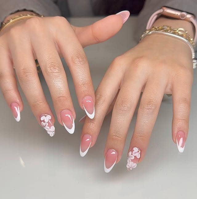 8. 3D Blossom Almond French Tips - almond french tip nail ideas