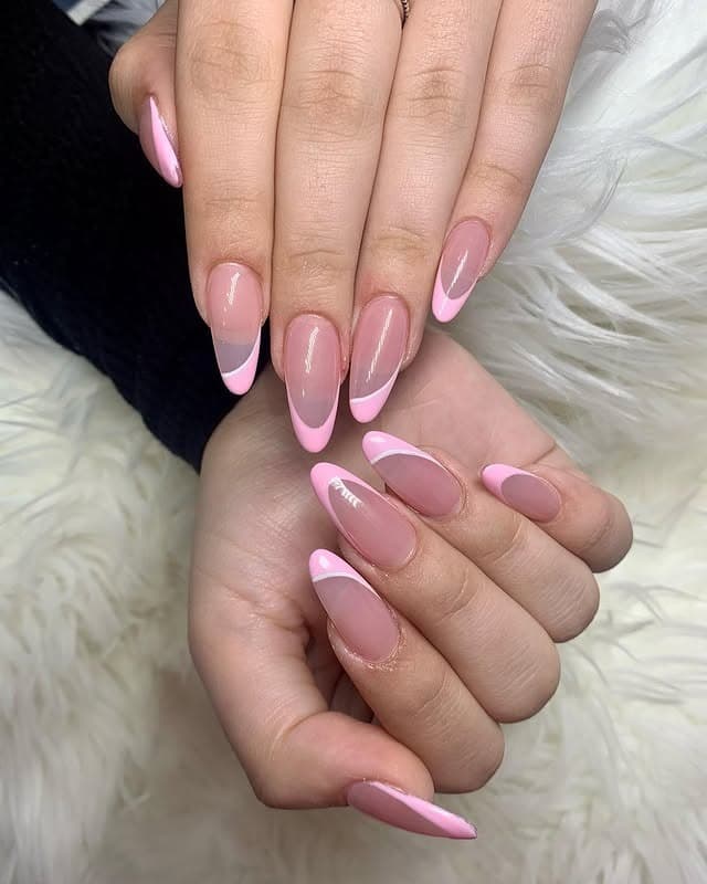 12. Soft Baby Pink Almond Double French Tips - almond french tip nail ideas