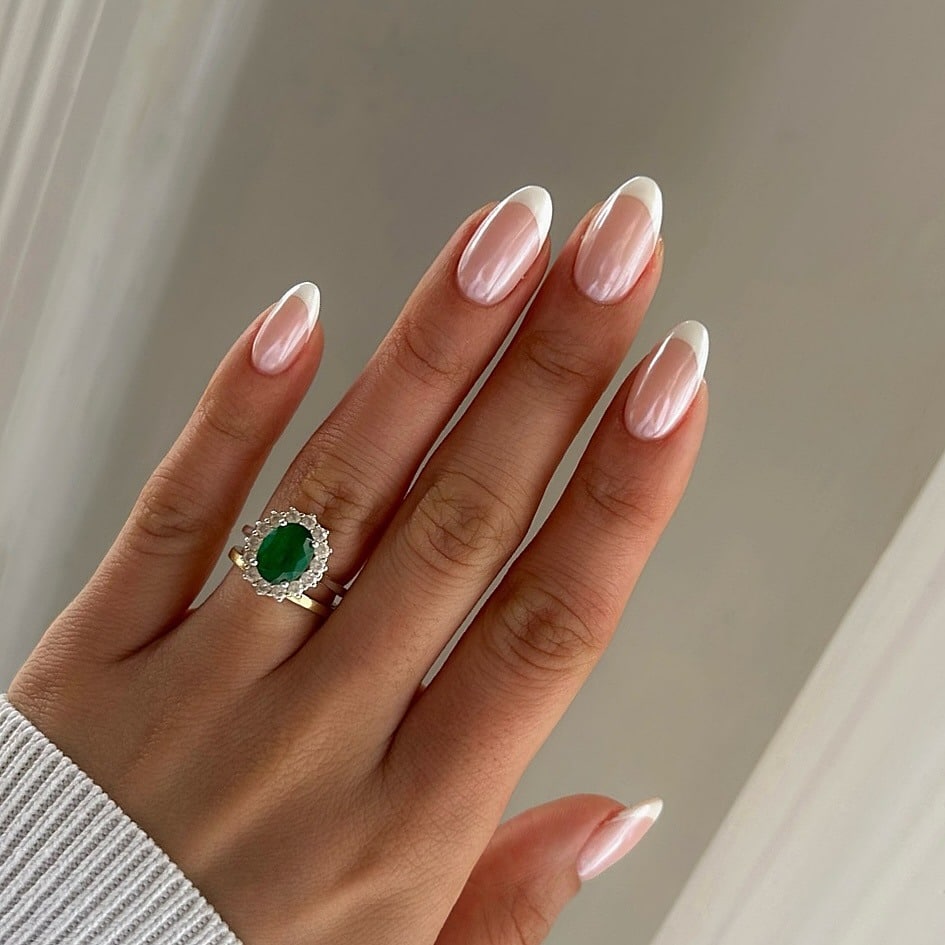 17. Pearl-Sheen Almond French Tips - almond french tip nail ideas