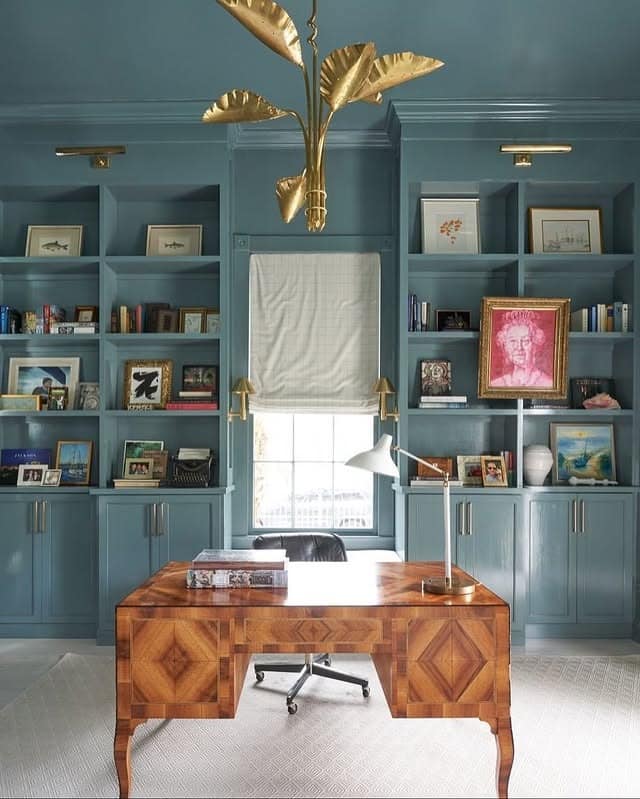 2. Elegant Teal Library Office - home office ideas for women