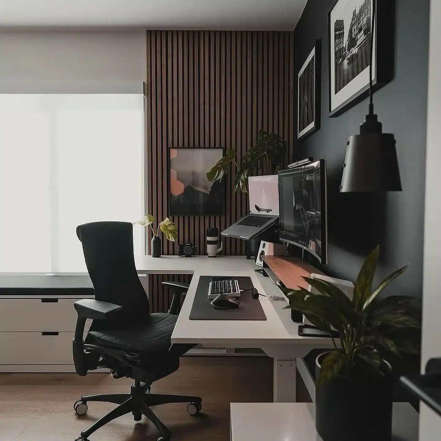 3. Modern Black & Wood Productivity Studio - home office ideas for women