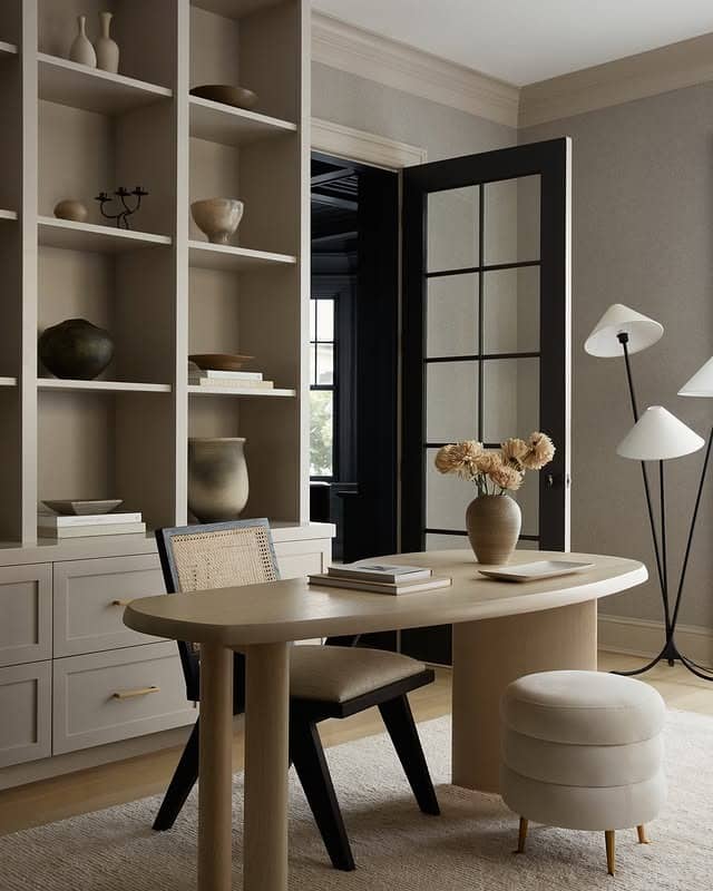 9. Soft Beige Studio With Sculptural Furniture - home office ideas for women