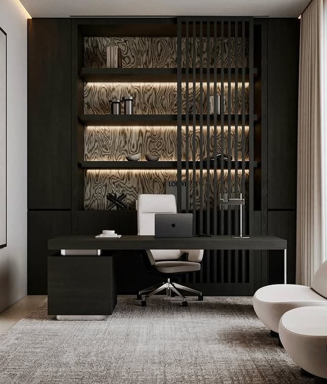 10. Dark Modern Office With Illuminated Shelving - home office ideas for women