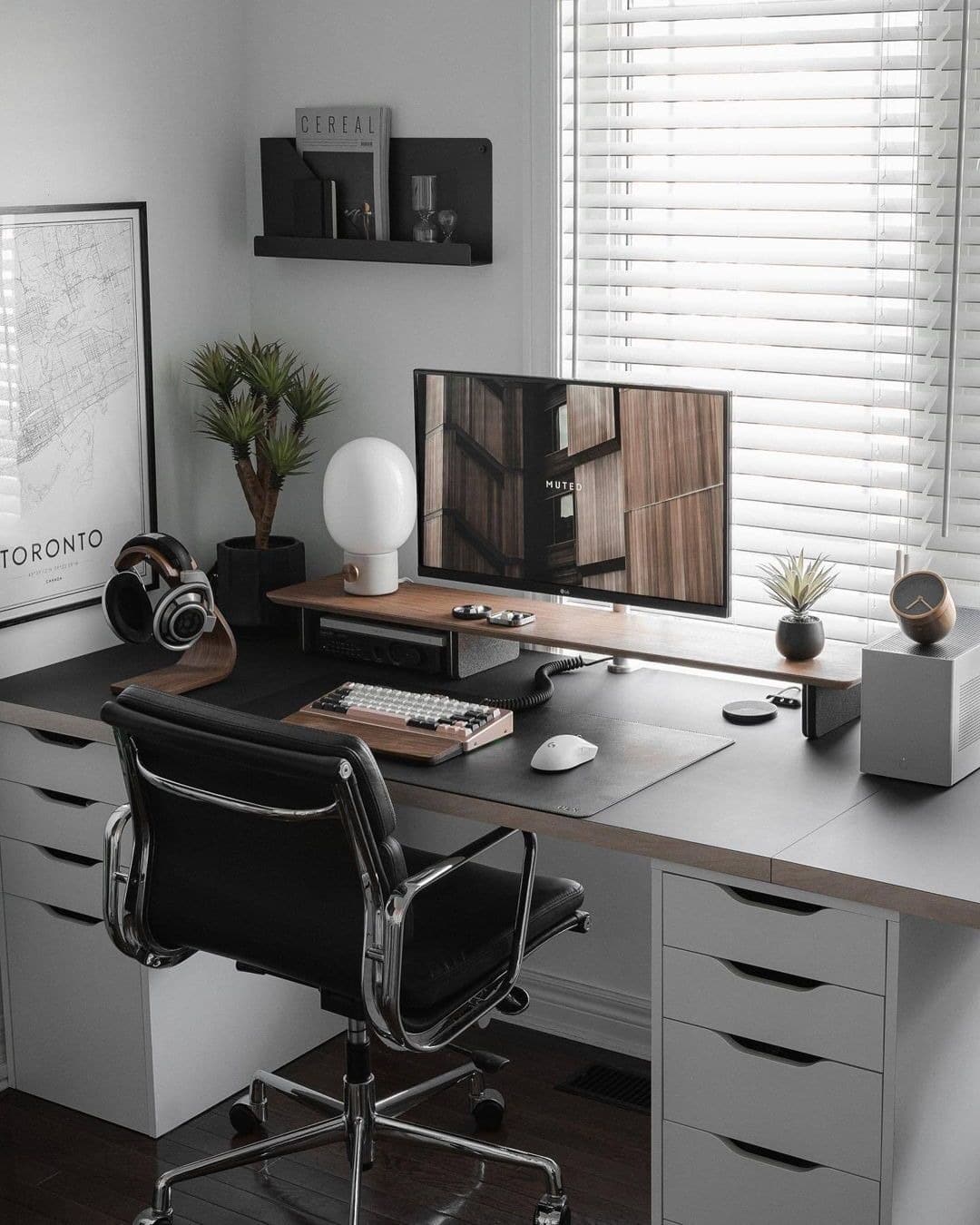 11. Monochrome Workspace With Soft Wood Accents - home office ideas for women