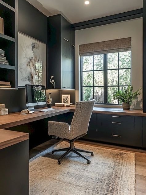 12. Deep Charcoal Office With Warm Walnut Countertops - home office ideas for women